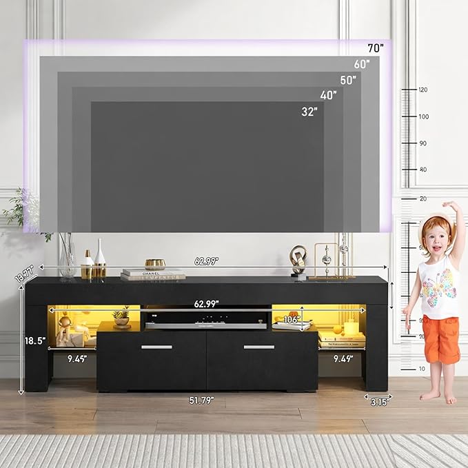 Large TV Stand for TVs up to 75 Inches – Modern Entertainment Center with LED Lights 4 Storage Drawers Open Shelves Black Finish