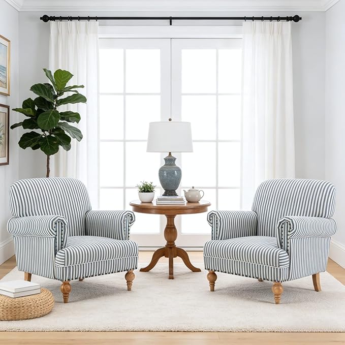 Blue Striped Linen Fabric Accent Chair Coastal Upholstered Armchair with Nailhead Trim &amp Ball Turned Wood Legs Modern Farmhouse Club Chair for Living Room Bedroom Guest Room
