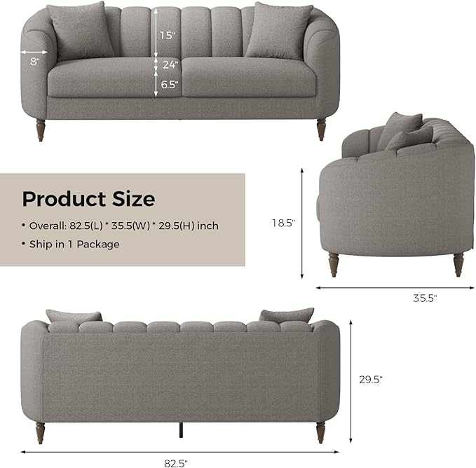 82 Inch Loveseat Sofa Modern Couch and Sofa Curved Petal Design Furniture Sturdy and Easy Installation Small Sofa for Living Room Bedroom Office and Apartment Terry Fleece Fabric Grey