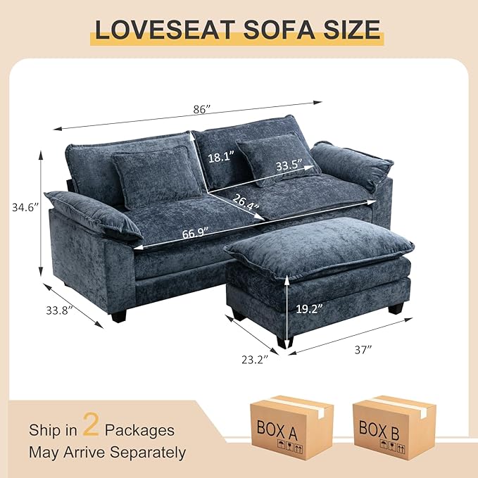 Modular Sectional Sofa 86 L Shaped Couch Set with Movable Ottoman Chenille Comfy Cloud Couch Sectional Set Extra Deep Seat Sofa with 2 Pillows for Living Room (Blue 2-Seat &amp 1-Ottoman)