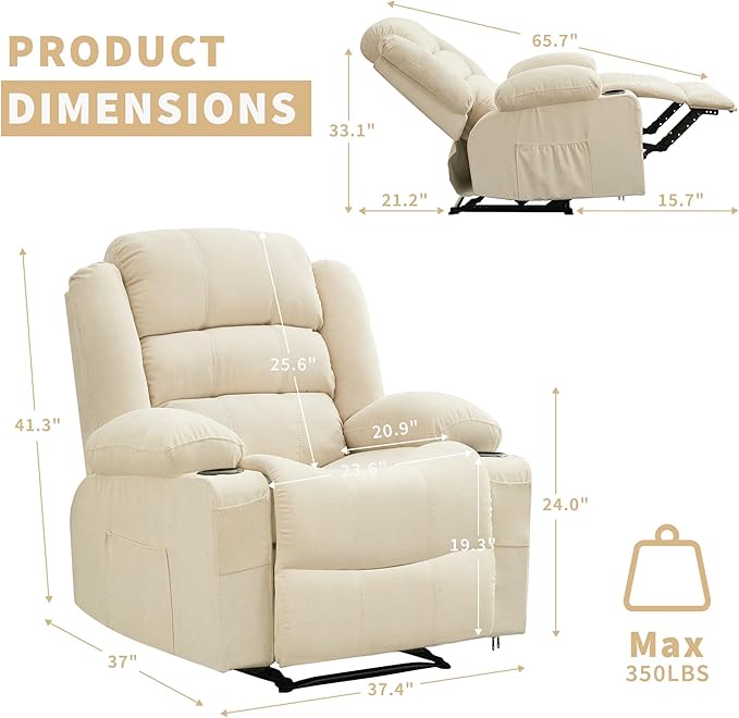 Wide Recliner Chair for Adults Large Manual Pull Tab Reclining Chair with Dual Cup Holders 3 Recline Positions Side Pockets Supports 350 Lbs Overstuffed Single Sofa for Living Room