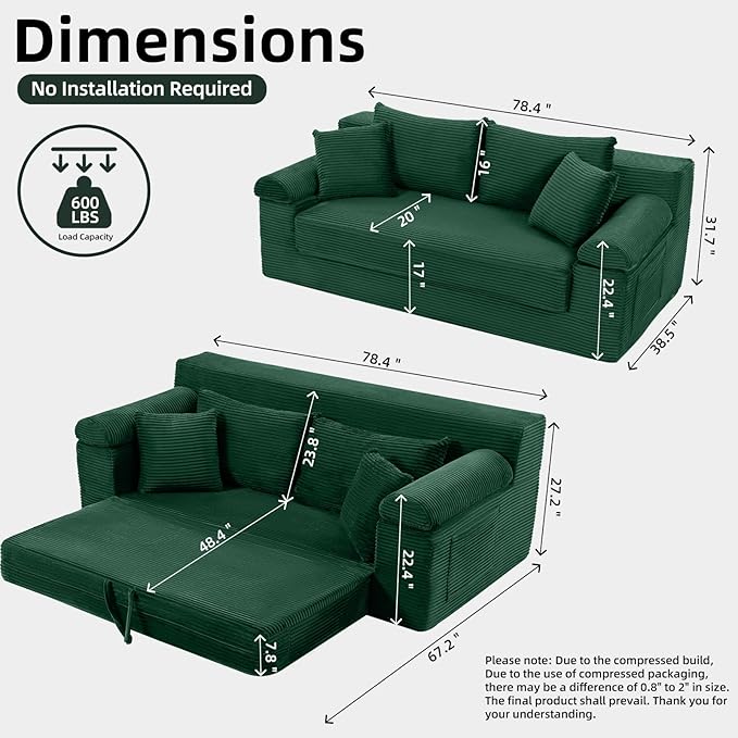 Folding Convertible Sofa Bed 78 Inch Corduroy Boneless Cloud Couch Futon Compressed Pull Out Loveseat Sleeper Bed Foldable Floor Mattress Sofa for Living Room Bedroom Green
