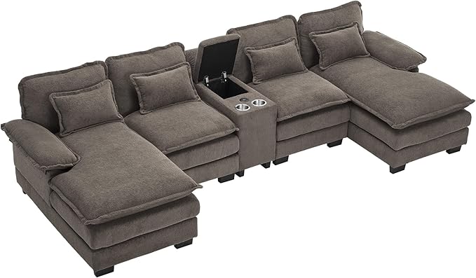 124 U Shaped Cloud Couch Sectional Sofa Fluffy Modular Couches for Living Room Oversized Modern Plush Chenille Sectional Couch Set Cloud Sofa with Central Console USB Ports Cup Holder Stone Grey