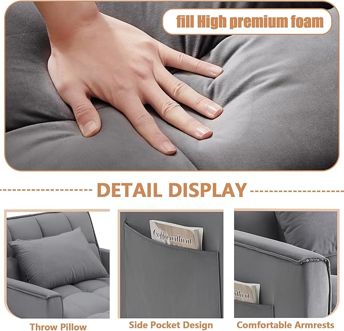 3 in 1 Convertible Sleeper Chair Modern Pull Out Couch Bed Single Recliner with Adjustable Back Velvet Futon Folding Sofa Bed Chair for Living Room Bedroom Small Spaces (Gray-1)