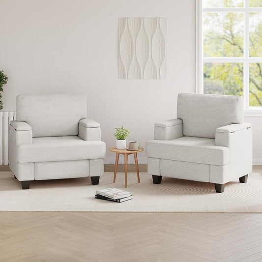 Furniliving Modern Oversized Accent Sofa Chair Set of 2 Comfortable Living Room Lounge Armchair with Storage Armrest Upholstered Reading Gaming Chair for Apartment Living Room Bedroom White