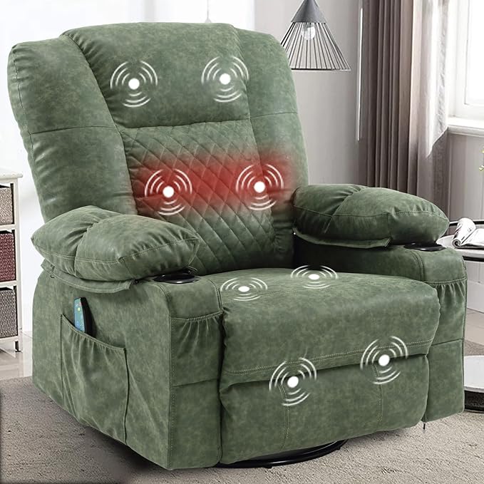 Faux Leather Swivel Rocker Recliner with Heat and Massage Cup Holders Overstuffed Rocking Glider Chair Heated Massaging Reclining Chair Green