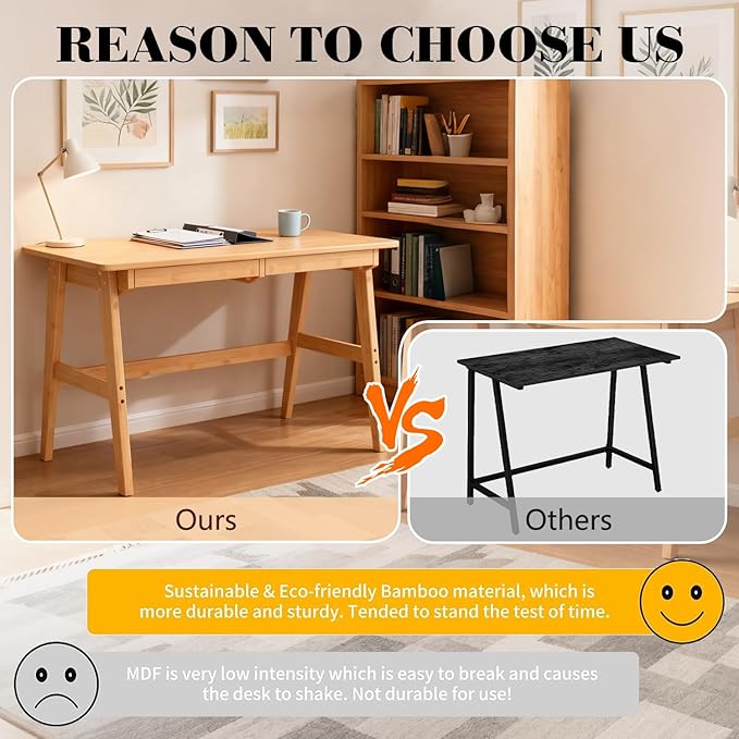Nnewvante Writing Computer Desk 46 Bamboo Home Office Table with 2 Drawers Modern Furniture Simple Study Makeup Workstation