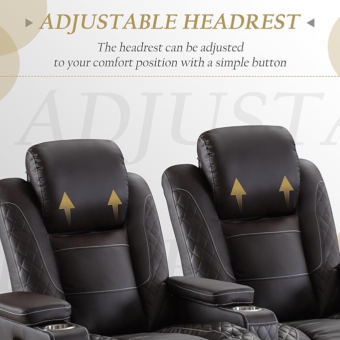 TUNYI Home Theater Recliner Chair - Power Recliner Sofa Chair with Adjustable Headrest Faux Leather Reclining Chair with USB/Storage/LED Light/Cup Holder (Brown 2 Seat)