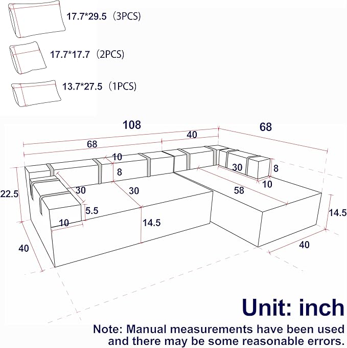 108 Modular Sofa Couch Convertible Sectional Sofa for Living Room Bedroom Modern Chenille Upholstered Sectional Sofa Couch Set L-Shaped Couches with 6 Pillows for Home Office Beige(Right Chaise)