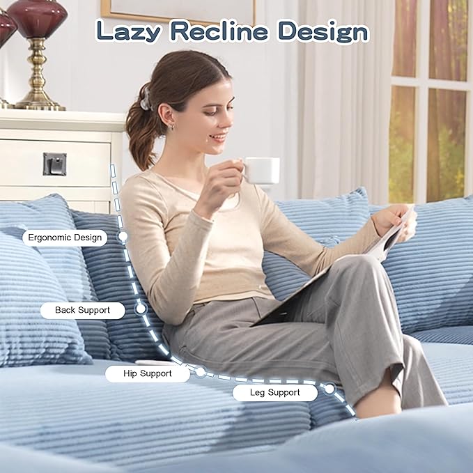 92 Modular Section 2 Seater L-Shaped Corner Sofa with Ottoman Convertible Modern Corduroy Couch with Wide Armrest and Deep Seat Solid Wood Frame Boneless Sofa with 10 Pillows Blue