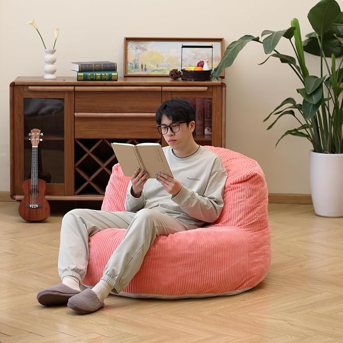 N&ampV Large Crescent Bean Bag Chair Adult Size Bean Bag Sack Foam Filling Soft Premium Corduroy Bean Bag for Living Room Bedroom Dorm and Office (Salmon)