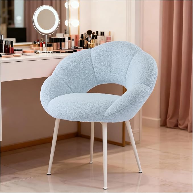 Petal Makeup Vanity Chair with BackUpholstered Makeup Accent Reading Chair No WheelsModern Dining Chair for HomeOfficeBedroomTeddy Plush (Blue)