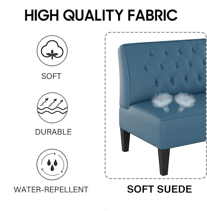 Alunaune Upholstered Blue Loveseat Bench Couch for Bedroom Modern Cushioned Armless Settee Small Love Seat Sofa Faux Leather Living Room Couch