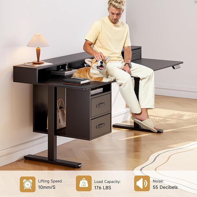ONBRILL Standing Desk with Drawers 55x24 Inch Electric Stand Up Desk with 3 Drawers and Open Storage Shelf Adjustable Height 28-46 Inches for Home and Computer Workstation Black