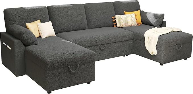 VanAcc Sleeper Sofa 110 inch Oversize - 2 in 1 Pull Out Bed Sectional Sleeper Sofa with Double Storage Chaise for Living Room Grey Linen Couch