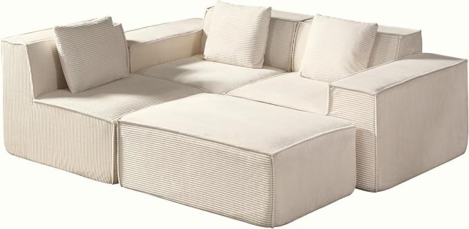 Rowan Convertible Corduroy Sectional Couch with Ottoman &amp Pillows Modular L Shaped Sleeper Sofa Boneless Cloud Couch for Living Room Furniture Beige