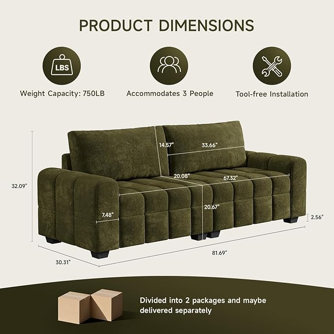 ONBRILL 82 Loveseat Sofa Modern Chenille Sofa Couch for Living Room Pull Point Seat Cushion Easy Assembly Comfy Love Seat for Small Spaces Bedroom Apartment Green