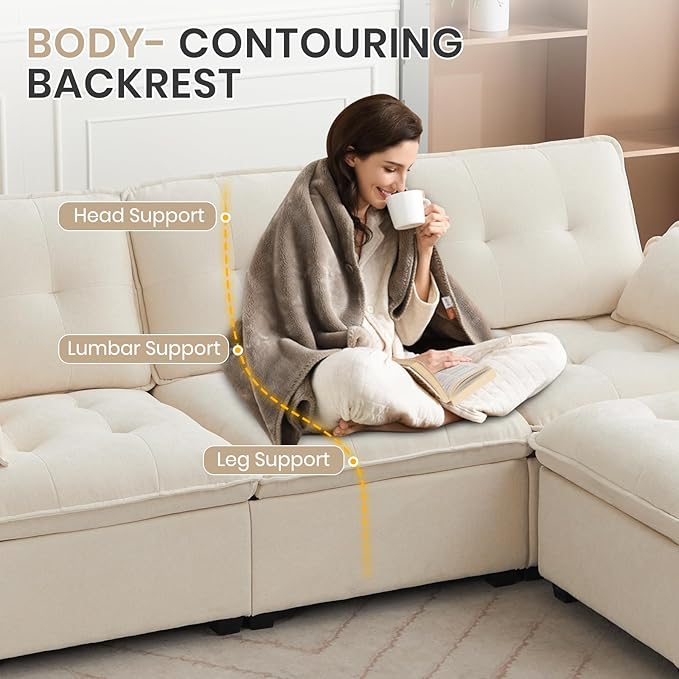 98 L Shaped Couch Modular Sectional Sofa Comfy Cloud Couch with Movable Ottoman 3 Seater Chenille Sleeper Deep Seat Sofa with Throw Pillows for Living Room Office (Beige 3-seat)