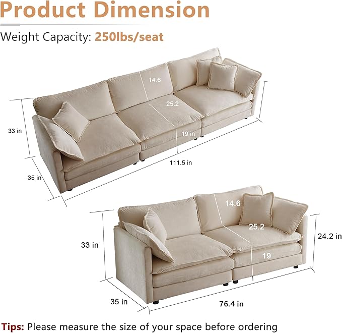 mikibama Luxury Oversized 3 Piece Sofa Set 2 Pieces of 2 Seater and 1 Piece of 3 Seater Sofa Modern Chenille Comfy Cloud Couches Set with 13 Pillow for Living Room Office Light Coffee