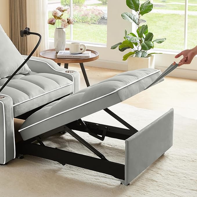3-in-1 Convertible Futon Sofa Bed Chair Velvet Tufted Upholstered Pull Out Sleeper Chair with Adjustable Backrest &amp Swivel Phone Holder &amp USB Ports Modern Lounge Armchair for Living Room(Gre