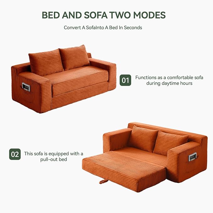 73 Convertible Sofa Bed Pull Out Boneless Loveseat Sleeper Sofa Corduroy Foldable Couch Bed with Storage Bag No Assembly Couch in a Box for Living Room Apartment (Orange)