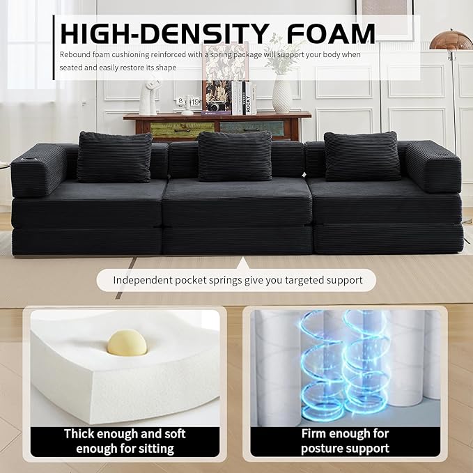 118 Oversized Sectional Couches Convertible Floor Sofa Bed with Cup Holder Boneless Foldable Mattress Cloud Couch with Pillow Back &amp Armrest for Living Room Bedroom Lounge(Corduroy Black)