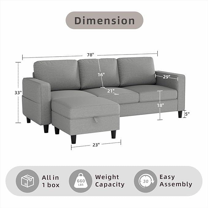 Sectional Sofa and Couches for Living Room 78'' Light Grey 3 Seat L-Shaped Couch with Movable Ottoman Comfy Linen Convertible Sectionals Sofas with Chaise for Apartment Dorm Small Space