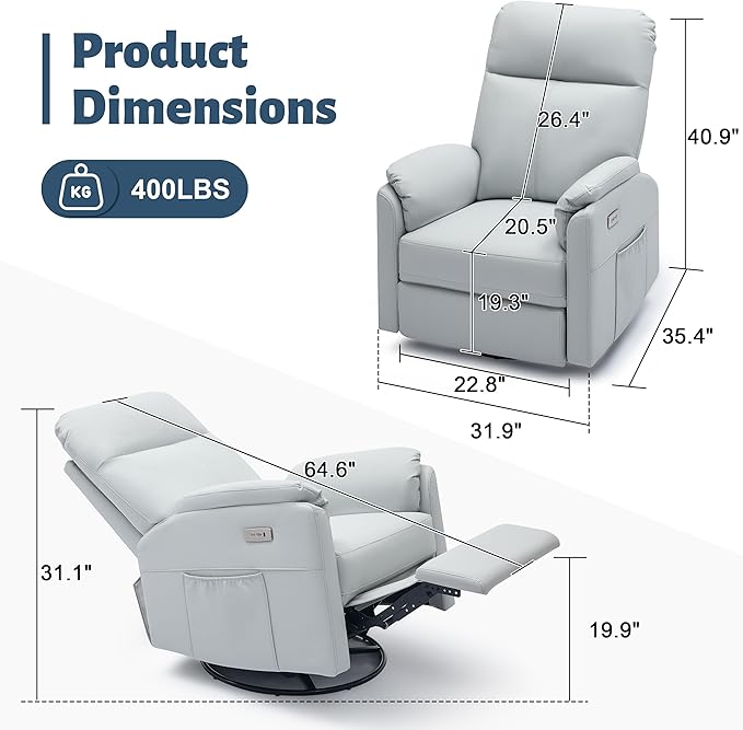 Power Glider Recliner Nursery Rocking Chair with USB Ports Glider Chair with Lumbar Pillow for Living Room Glider Swivel Recliner Chair for Nursery(Gray)