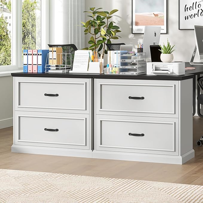 2 Drawer File Cabinet Farmhouse Lateral Filing Cabinet for Letter/A4/F4/Legal Size Hanging Files Large Wood File Storage Cabinets Printer Stand for Home Office White and Black