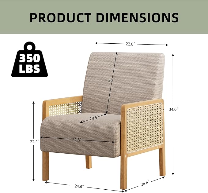 Rattan Accent Chair Set of 2 with Rattan Arms Mid Century Modern Chair for Living Room Linen Upholstered Comfy Chair for Bedroom Reading Room Home Office Brown
