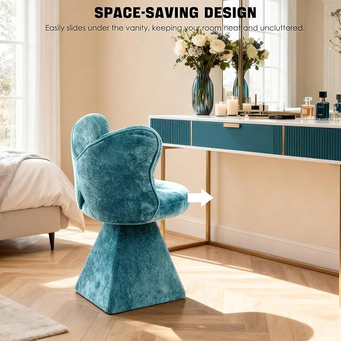 KEIKI Chenille Vanity Chair with Butterfly Back 360° Swivel Armless Accent Chair Upholstered Single Sofa Chair for Living Room Bedroom Dining or Vanity Blue