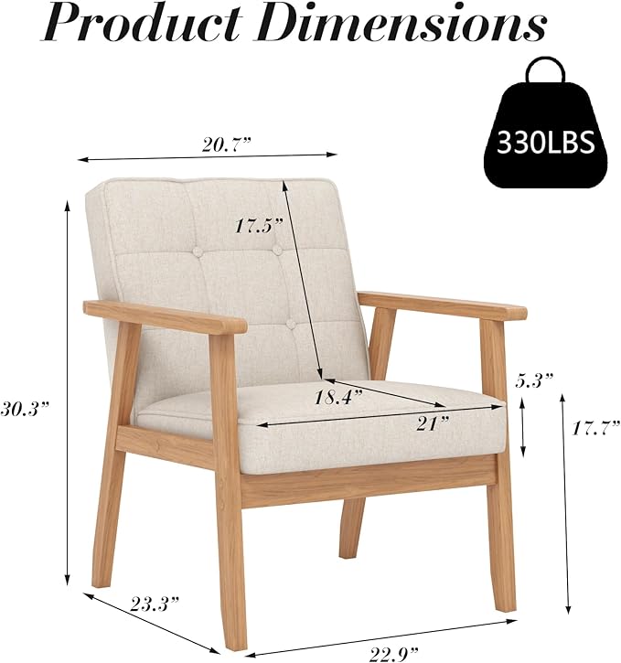 KCC Mid-Century Modern Linen Fabric Accent Chair Set of 2 Upholstered Tufted Leisure Chair Comfy Reading Side Chair with Armrest and Solid Wood Frame for Living Room Bedroom Balcony(Beige)