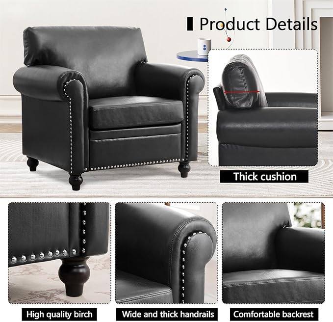 Black Faux Leather Accent Sofa Chair with Rivet Rolled Arm Modern Mid Century Wingback Club Chair for Living Room Apartment Office Easy Assembly (Black PU One Chair)