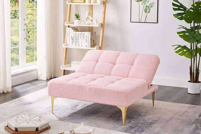 35.5 Convertible Single Sofa Chair Small Futon Chair with Adjustable Backrest Comfy Armless Accent Chair with Pillow Modern Mini Couch Bed with Gold Metal Legs for Living Room Bedroom Pink