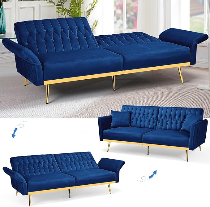 70” Velvet Futon Sofa Bed w/Adjustable Armrests and Backrest Convertible Futon Couch w/2 Pillows Modern Sleeper Bed for Living Room Bedroom Blue