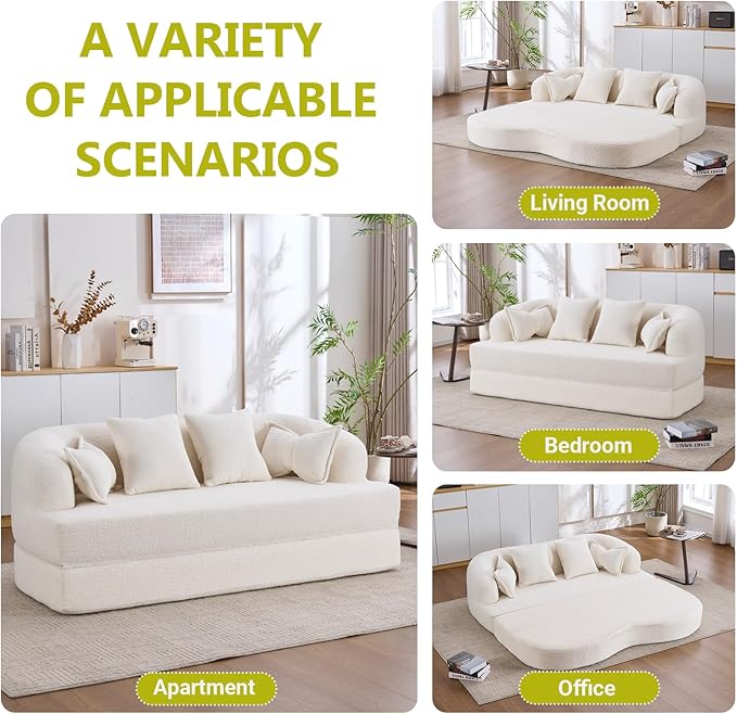 69.9 Folding Sofa Bed Full Sponge Convertible Sofa Bed with Wood Grain Chenille Fabric Easy to Carry Multi-Functional Guest Bed for Living Room Apartment Office