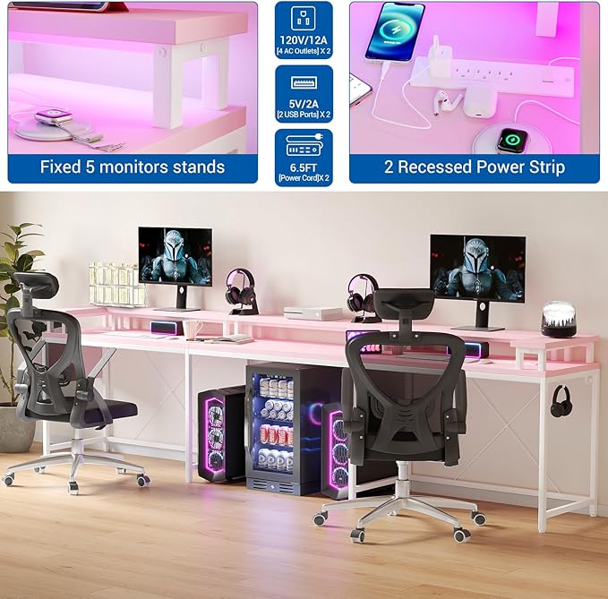 U Shaped Gaming Desk 79 Reversible U Shaped Desk with Power Outlets LED Lights Monitor Stand &amp Storage Shelves Corner Office Desk for Home Office Gaming Workstation (Pink)