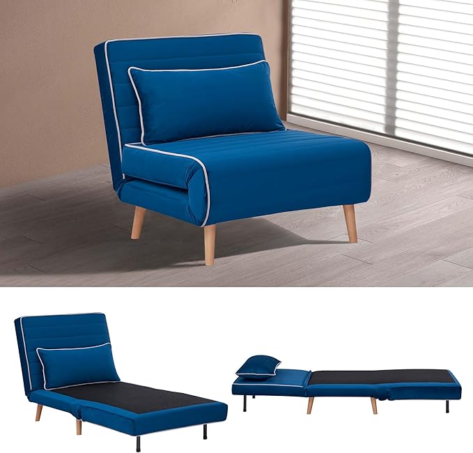 32 Convertible Sleeper Chair 3-in-1 Folding Sleeper Chair with Pillow 3-Position Adjustable Backrest for Living Room Bedroom Office Blue