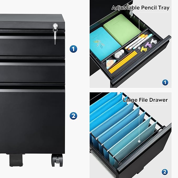 DEVAISE 3 Drawer Locking Mobile File Cabinet for Home Office Fully Assembled Except Casters Letter/Legal SizeCarbon Black