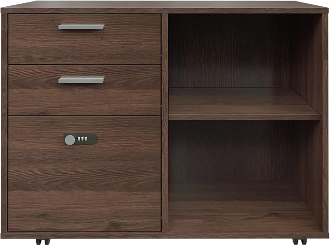 Drawer Wood File Cabinet with Coded Lock Mobile Lateral Filing Cabinet Printer Stand with Open Storage Shelves for Home Office Modern Popular Wood Grain