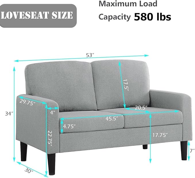 53 Loveseat Sofa Modern Small Couch Sofa Settee Loveseat Linen Fabric Upholstered 2-Seat Sofa Furniture Love Seat for Small Spaces Dorm Room Bedroom Apartment with Wood Legs Light Grey