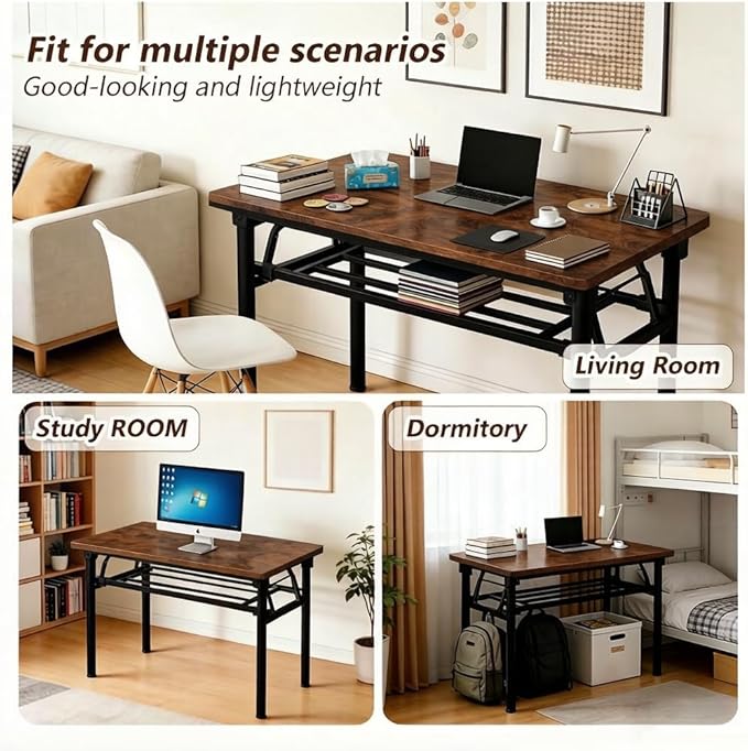 Folding Desk for Small Spaces 39.4 Inch Foldable Computer Desk No Assembly Required Space Saving Portable Study Table for Compact Home Office Bedroom Dorm Apartment Brown