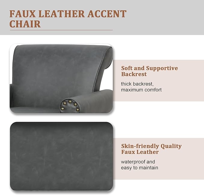 Accent Chair Mid Century Modern Faux Leather Arm Chair with Wood Leg for Living Room Bedroom Comfy PU Leather Club Reading Chairs with Wingback &amp Nailhead Trim (Leather Black Set of 1)