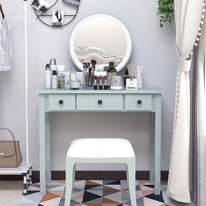 STHOUYN Home Office Small Writing Desk with Drawers Bedroom Study Table for Adults/Student Vanity Makeup Dressing Table Save Space Gifts Green (Light Green)