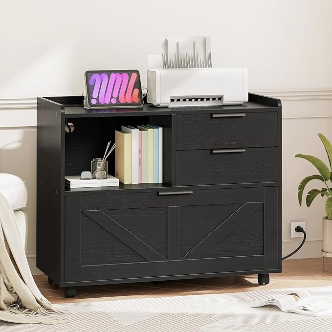 HOOBRO Lateral File Cabinet Wooden Office Storage Drawers with Charging Station Filing Cabinet for Home Office A4/Letter/Legal-Sized Files Printer Stand with Open Storage Spaces Black BB37UWJ01
