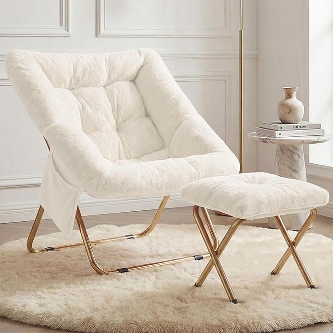 Comfy Saucer Chair for Adults Foldable Living Room Chairs Soft Faux Fur Lounge Chair for Bedroom Reading Chairs X-Large (Ottoman-White)