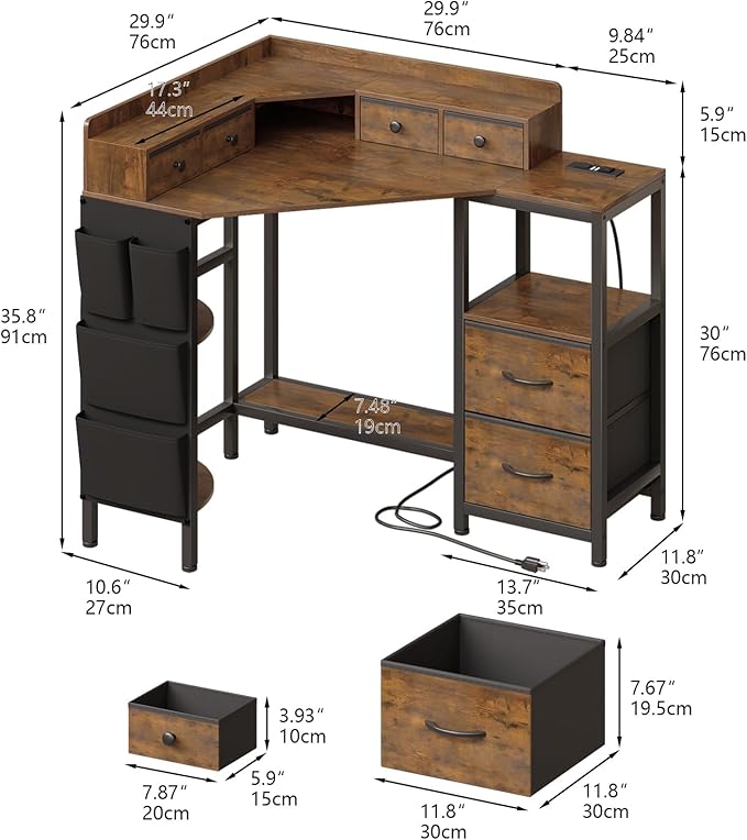 Corner Desk with 6 Fabric Drawers Shelves for Small Space Computer Desk with Power OutletsGaming Desk with Printer Monitor Stand Storage for Home Office Workstation Writing Table Brown