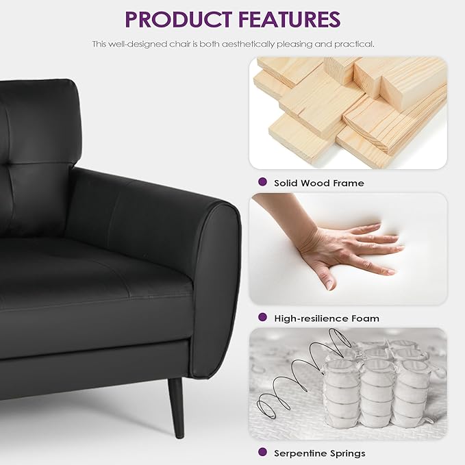 TYBOATLE Sofa Couch 61 Small Loveseat Couches for Living Room Leather Couch Mid Century Modern Tufted Mini Sofa Comfy Office 2 Seat Settee Love Seat for Small Spaces Bedroom (2 Black)