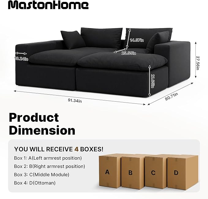 91.34 No Assembly Required Sectional Couch Modern 6-Piece Frameless Modular Sofa with Ottoman Deep Seat Cloud Couches for Living Room Oversized Chenille Comfy Sofa Black