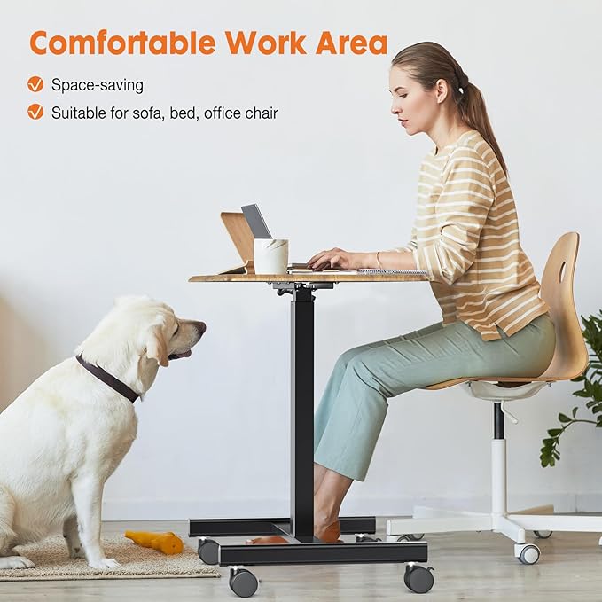 Sweetcrispy Small Mobile Rolling Standing Desk - Overbed Table Mobile Portable Rolling Laptop PC Table with Locking Wheels Adjustable Height Computer Workstation for Home Office 19 InchBrown